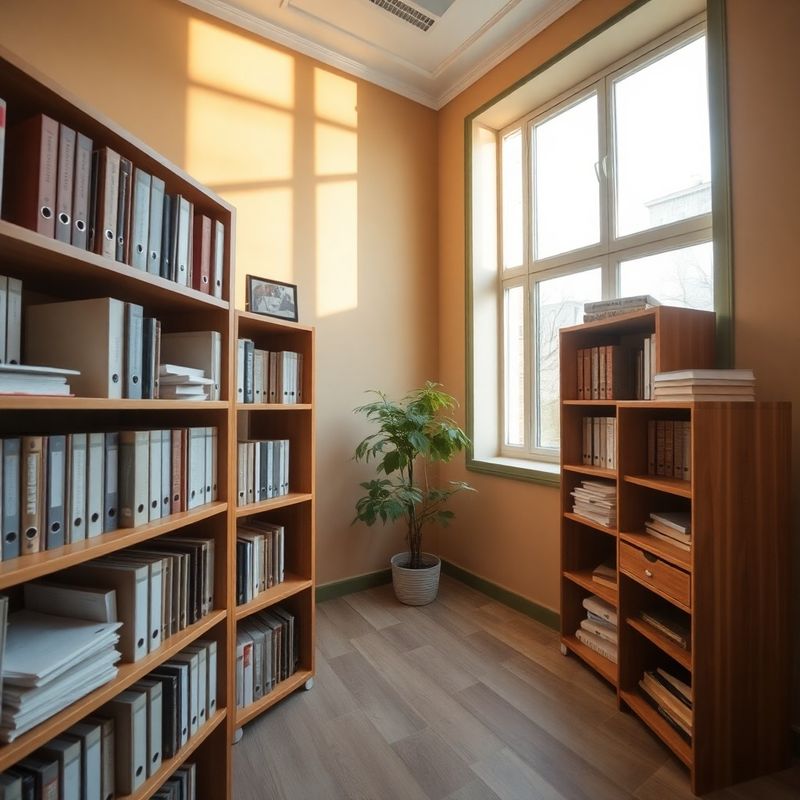 Interior de birou în Cluj cu pereți nisipii, rafturi de lemn cu dosare ordonate și o plantă verde în colț